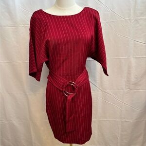 Olive Scent Red Pinstripe Open Back Dress Size‎ S Belted Sheath NWT